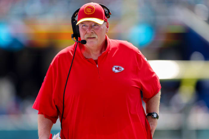 Sep 17, 2023; Jacksonville, Florida, USA; Kansas City Chiefs head coach Andy Reid looks on from the sidelines against the Jacksonville Jaguars in the third quarter at EverBank Stadium. Mandatory Credit: Nathan Ray Seebeck-USA TODAY Sports